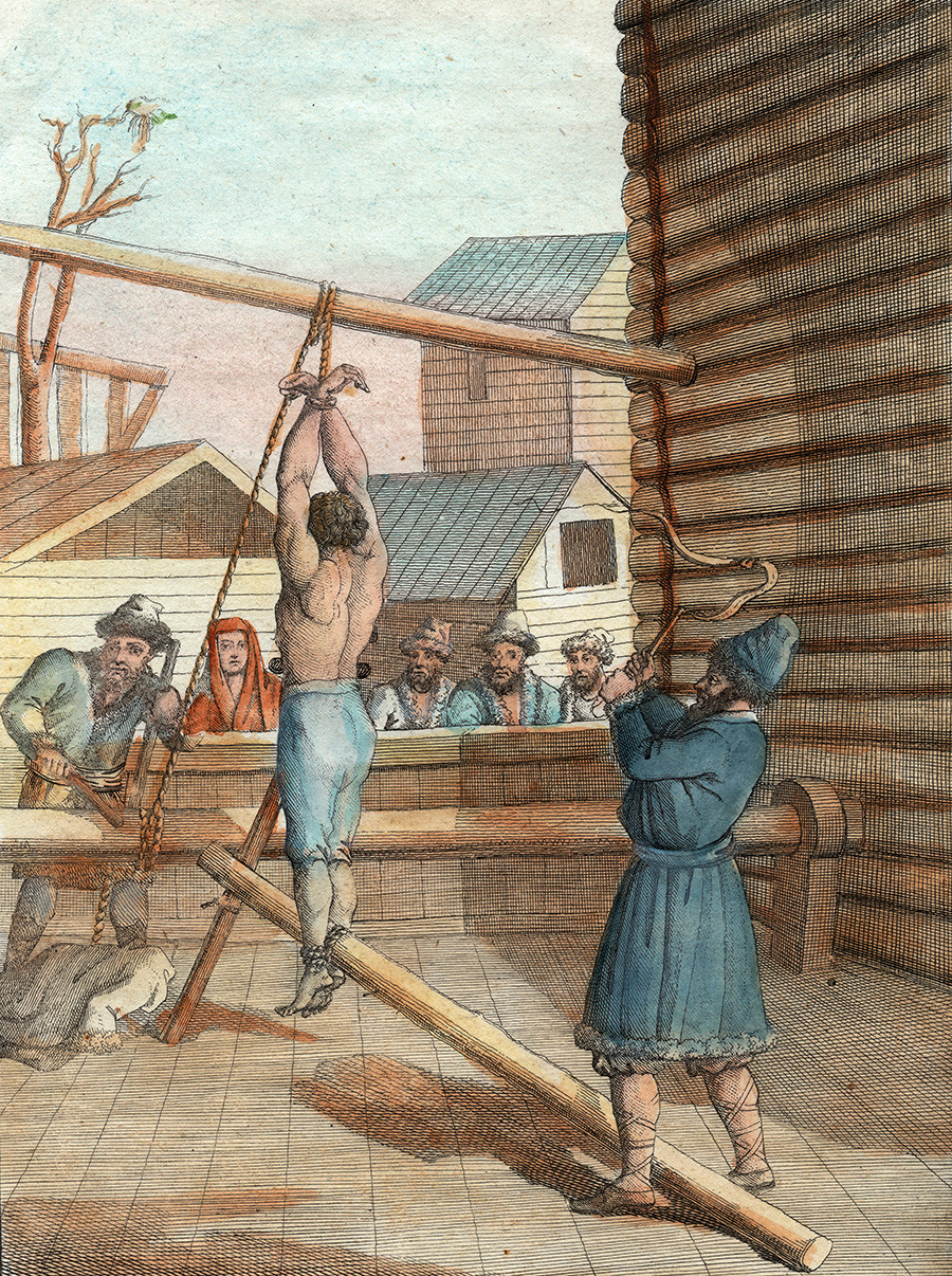 Farbiger Kupferstich mit der Darstellung der Bestrafung mit einer großen Knute, einer geißelartigen Mehrfachpeitsche, in Russland, um 1800.