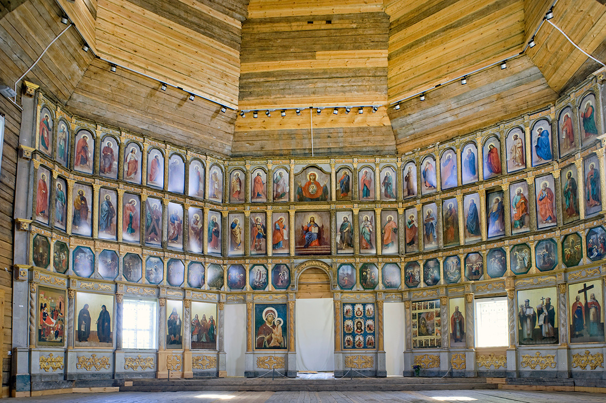 Church of Elijah the Prophet. Interior, restored icon screen with reproductions of icons. June 1, 2014
