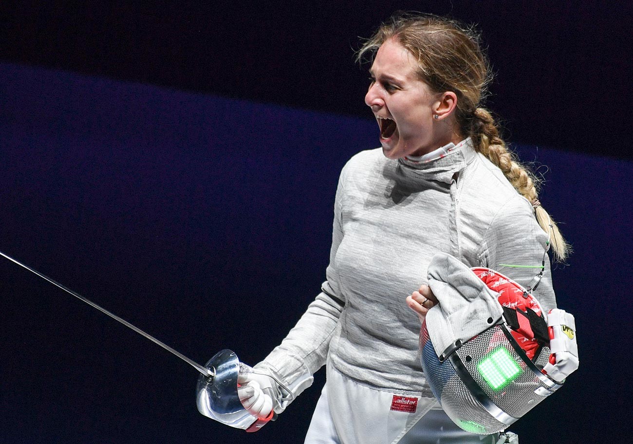Sofia Velikaya (Russia) after the semifinal match against Theodora Gkuntura (Greece) in the women's individual sabre competition at the World Fencing Championships in Budapest
