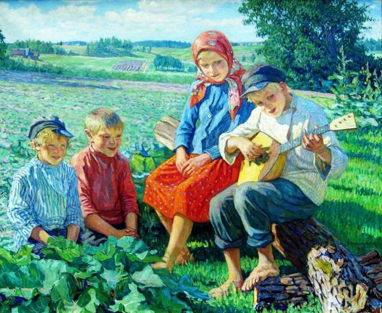 “Anak-anak bermain balalaika”, 1937, oleh Nikolai Bogdanov-Belsky (1868—1945).