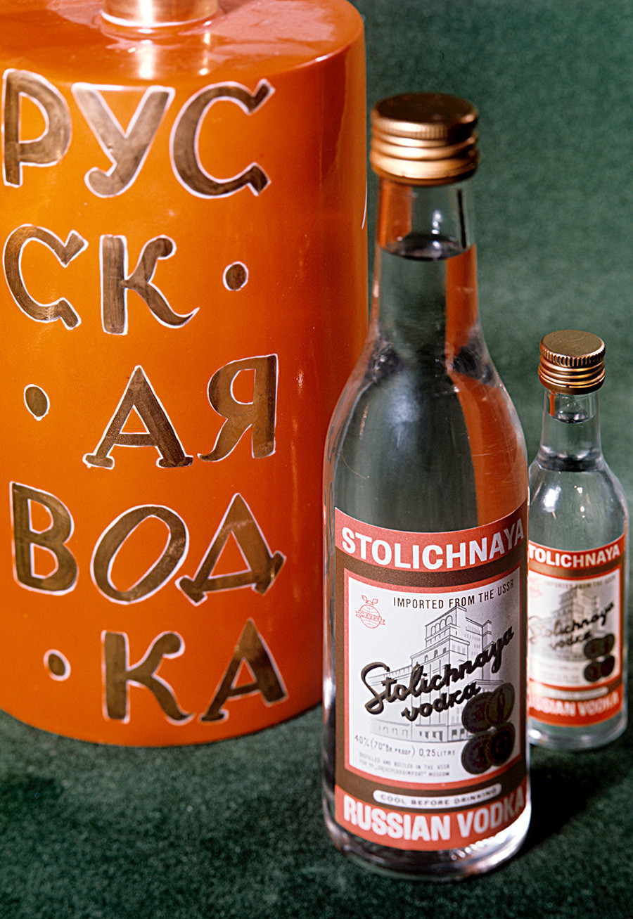 Stolichnaya vodka from the Moscow Liqueur and Vodka Distillery. 1970
