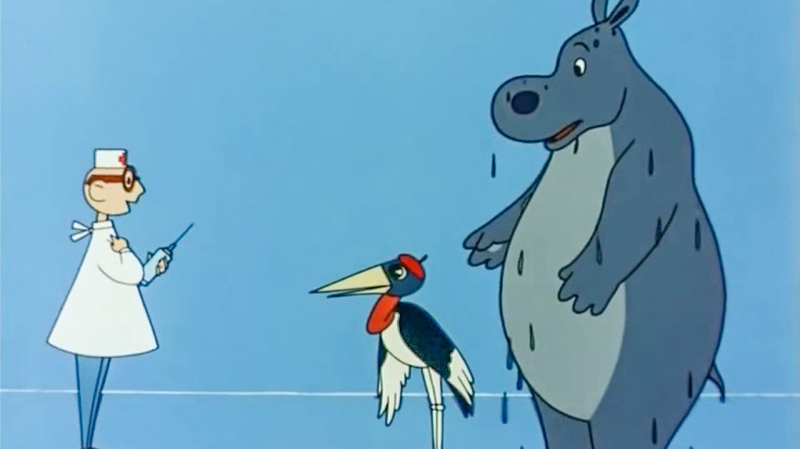 Une scène d'un dessin animé soviétique sur un hippopotame qui avait peur de la vaccination