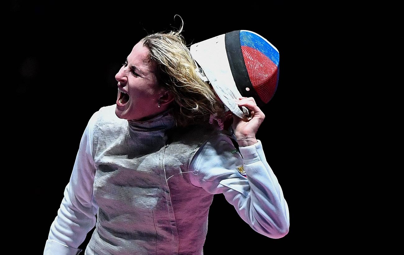  Inna Deriglazova of Russia reacts during the women s foil individual final of fencing against Elisa Di Francisca of Italy at the 2016 Rio Olympic Games Olympische Spiele Olympia OS in Rio de Janeiro, Brazil, on Aug. 10, 2016. Inna Deriglazova won the gold medal