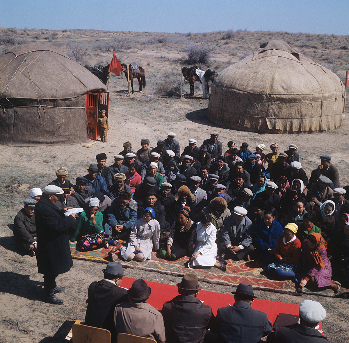 Dzhambul Region. Farmers of the Aidarlinsky Persian lamb state farm gather for a meeting, 1973