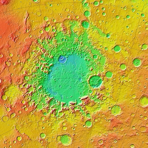 Mapa topográfico coloreado de Argyre Planitica, junto con sus alrededores, del instrumento Mars Orbiter Laser Altimeter (MOLA) Se trata de la segunda cuenca más profunda de Marte, en el hemisferio sur, al sureste del sistema de cañones Valles Marineris.