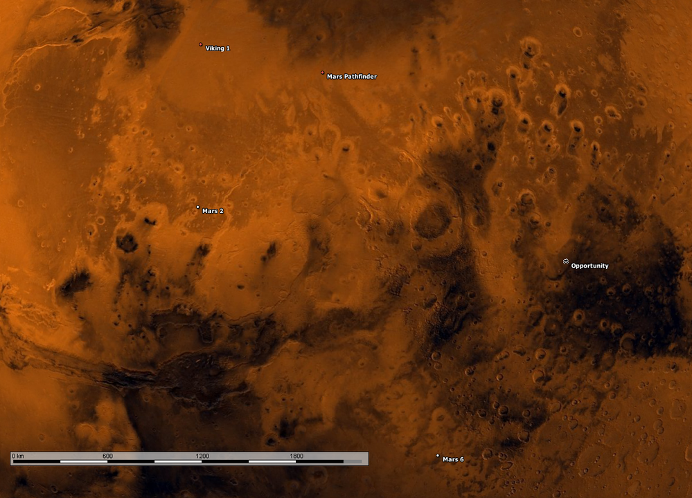 Mapa del planeta Marte en el que se muestran las ubicaciones de las sondas ‘Viking 1’, ‘Marte 2’, ‘Mars Pathfinder’, ‘Opportunity’ y ‘Marte 6’.