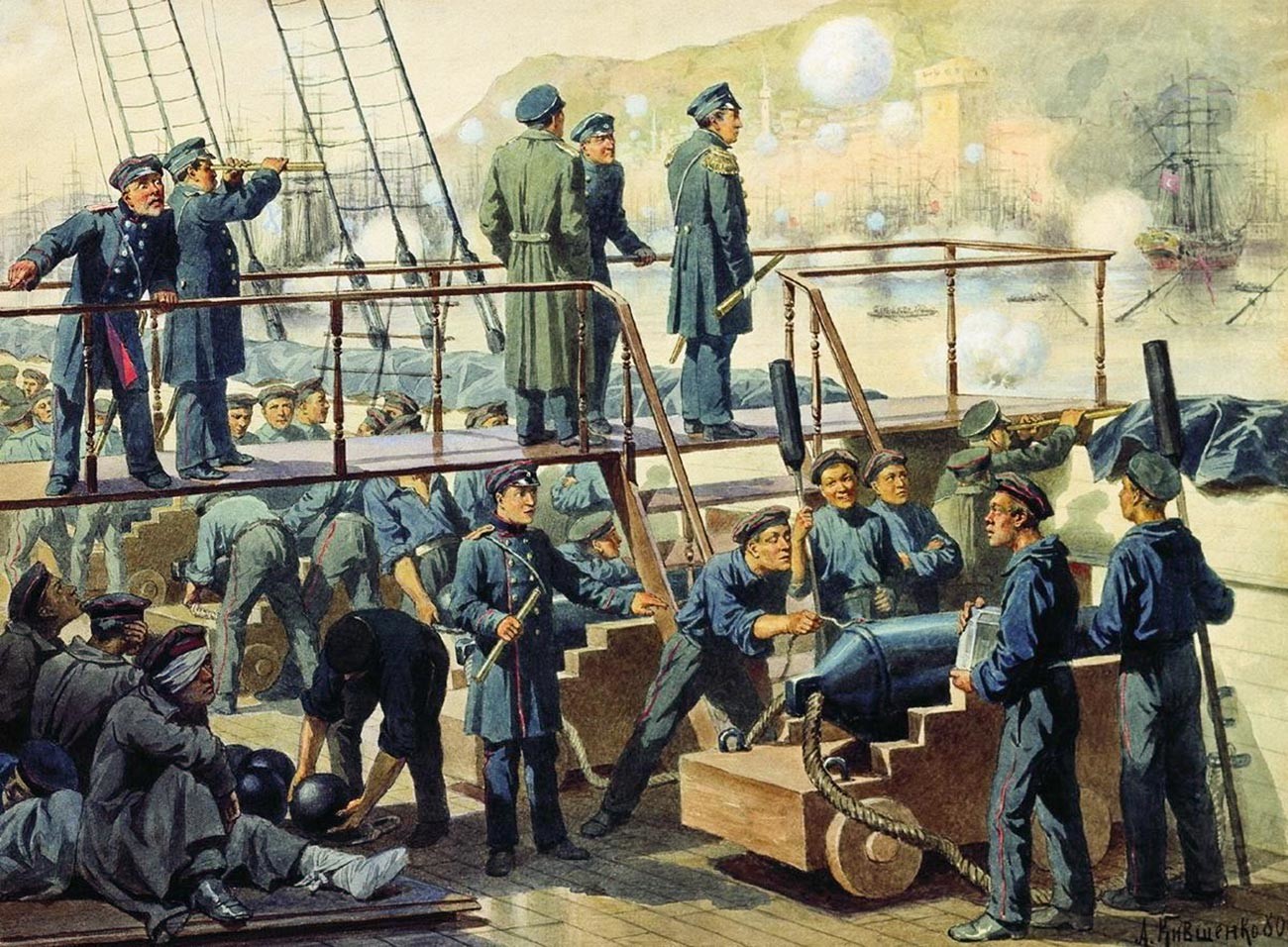 „Das Deck des Schlachtschiffs „Kaiserin Maria“ während der Schlacht von Sinope“.