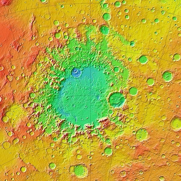 Mapa topográfico colorido de Argyre Planitica. Esta é a segunda bacia mais profunda de Marte, no hemisfério sul, a sudeste do sistema de cânions Valles Marineris