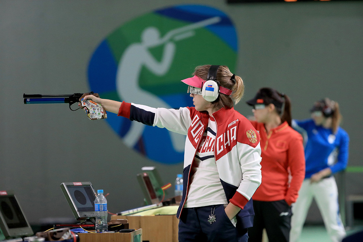 Vitalina Batsarashkina of Russia competes dduring the the Women's 10m Air Pistol event during the shooting competition on Day 2 of the Rio 2016 Olympic Games at the Olympic Shooting Centre on August 7, 2016 in Rio de Janeiro, Brazil