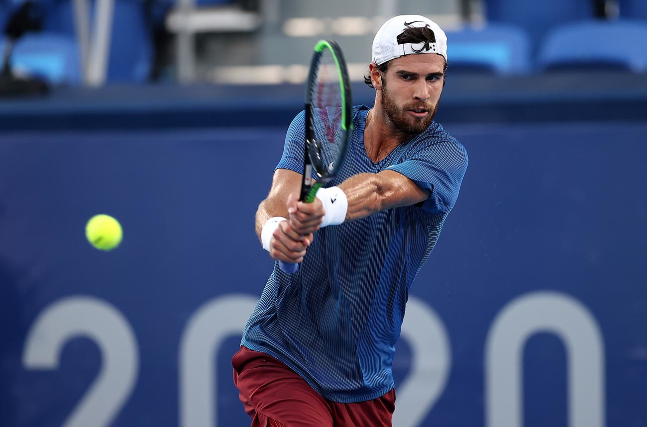 Karen Khachanov of Team ROC plays a backhand during his Men's Singles Gold Medal match against Alexander Zverev of Team Germany on day nine of the Tokyo 2020 Olympic Games at Ariake Tennis Park on August 01, 2021 in Tokyo, Japan