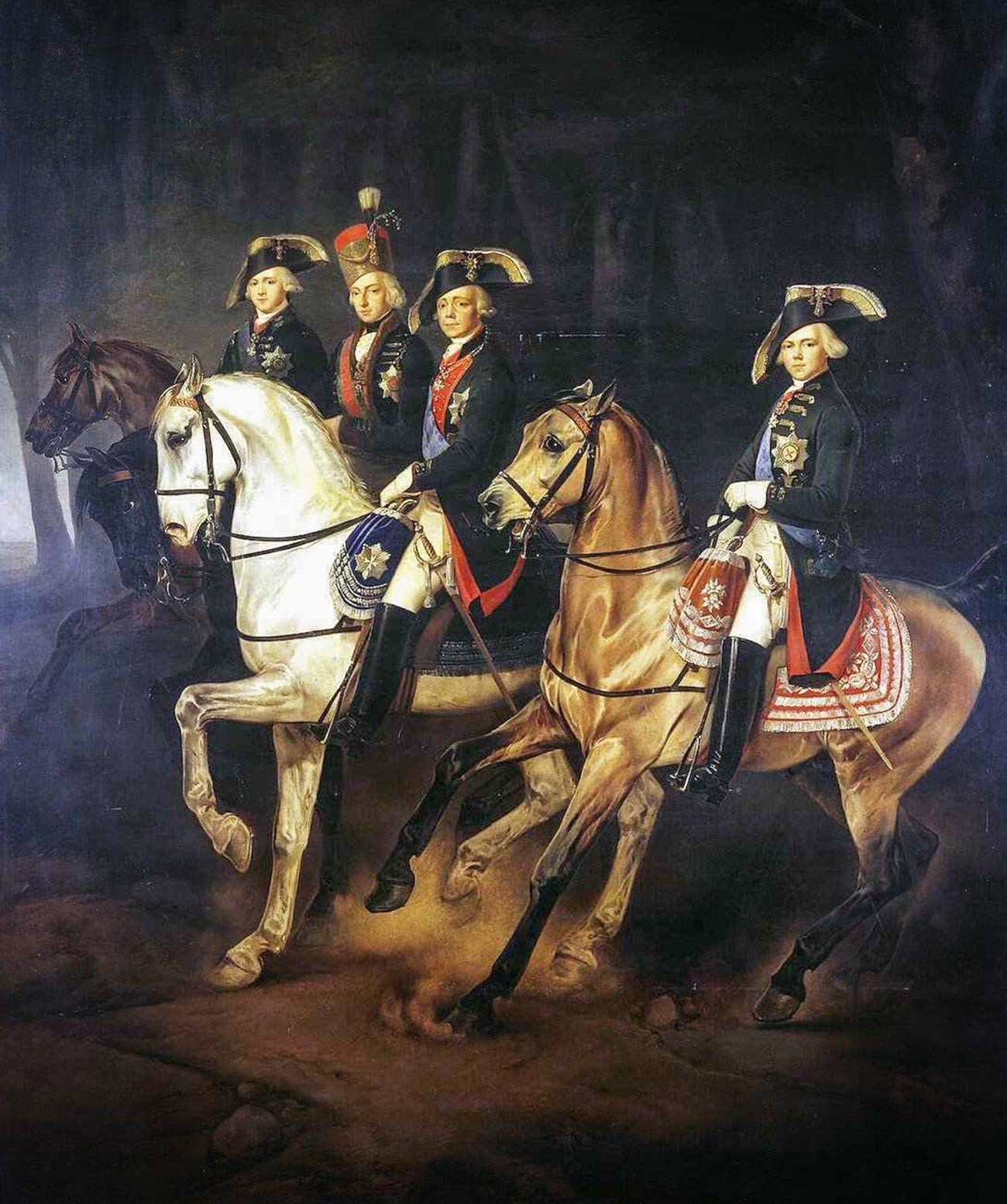 Portret na konjih carja Pavla I. s sinovoma in madžarskim palatinom Jožefom