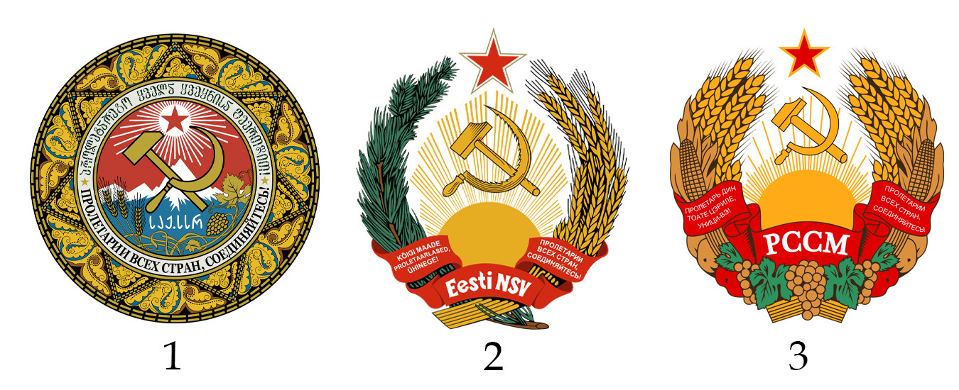 Gli stemmi delle Repubbliche socialiste sovietiche di Georgia (1), Estonia (2) e Moldavia (3)