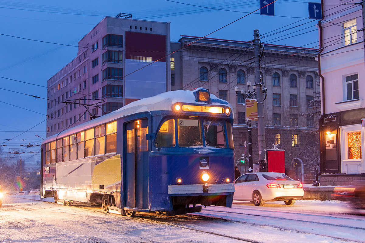 Old Tram at the winter street of Khabarovsk