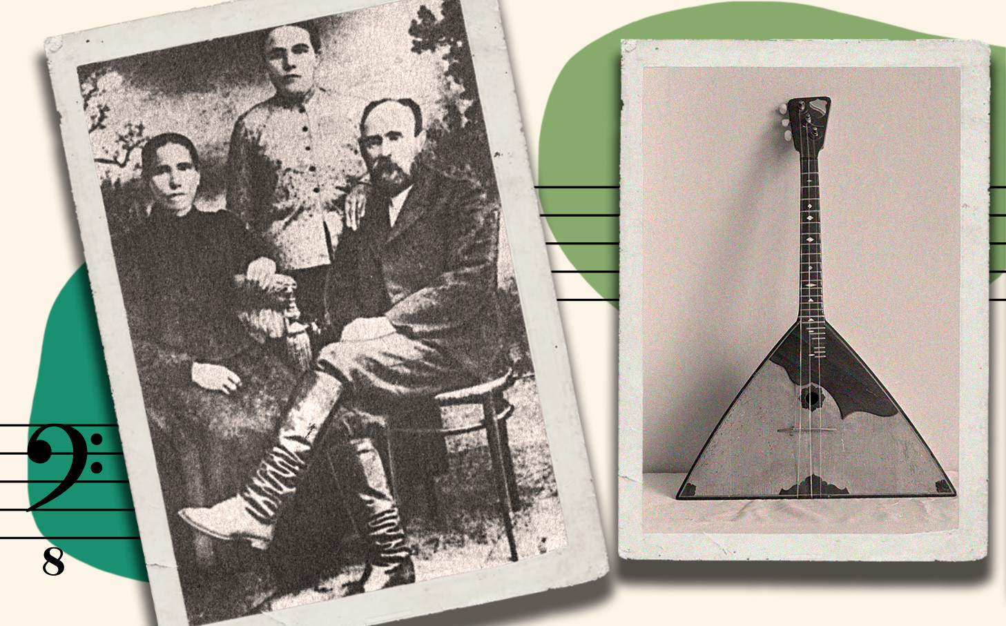 Semen Nalimov with his wife (on the left) and his sister. A traditional folk instrument, balalaika (on the right).