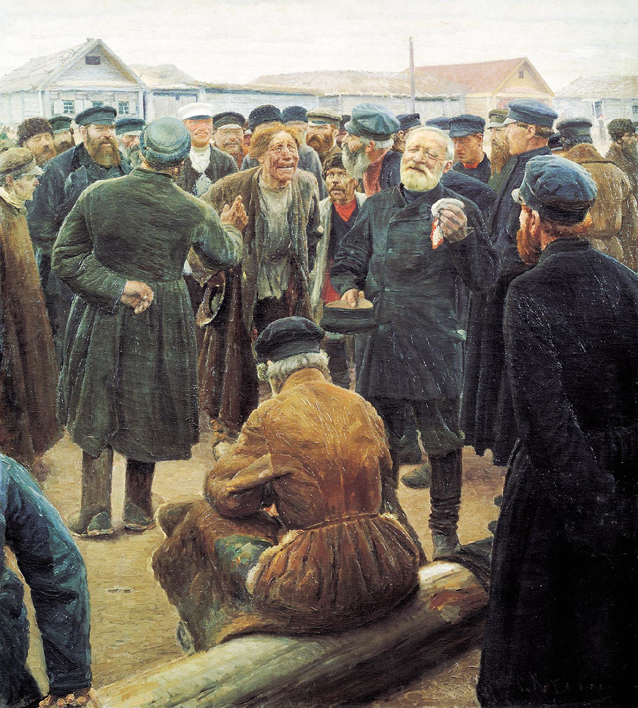 'Hari Libur Troitsa ('Na Miru')' oleh Sergey Korovin, 1893, menggambarkan komunitas desa yang berkumpul di alun-alun pasar Rusia.
