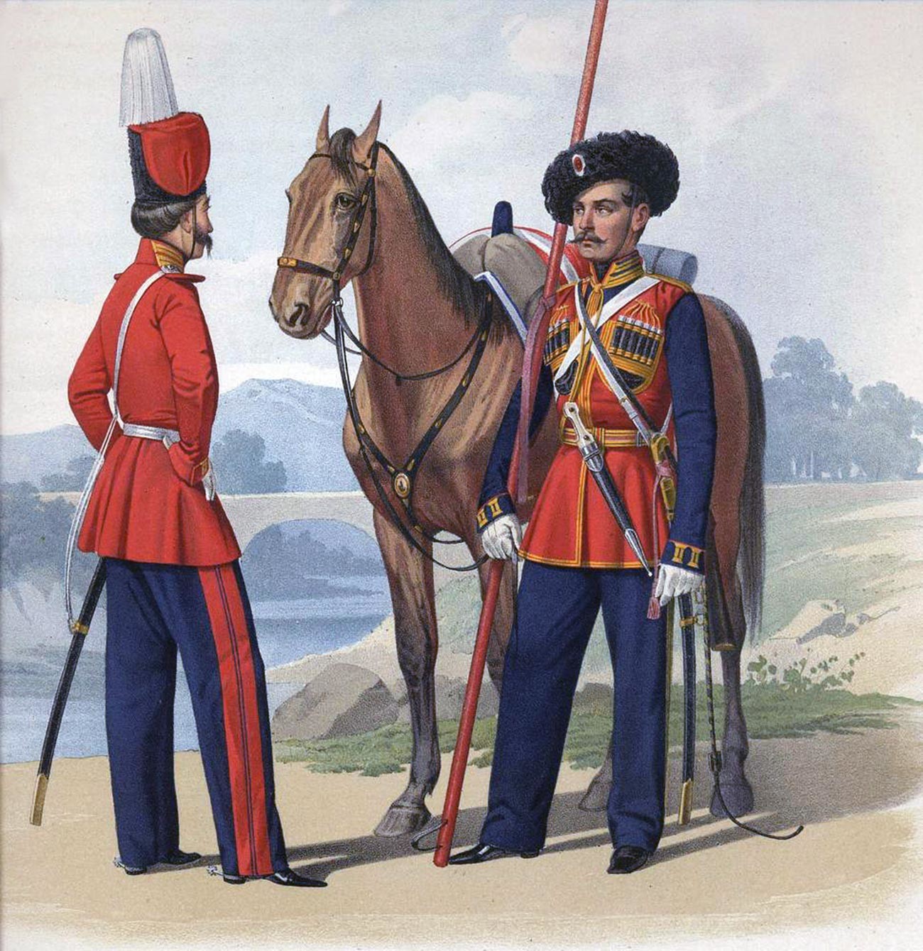 Редови лейбгвардист от Казашкия полк и лейбгвардист от Черноморския полк, 1855 г.