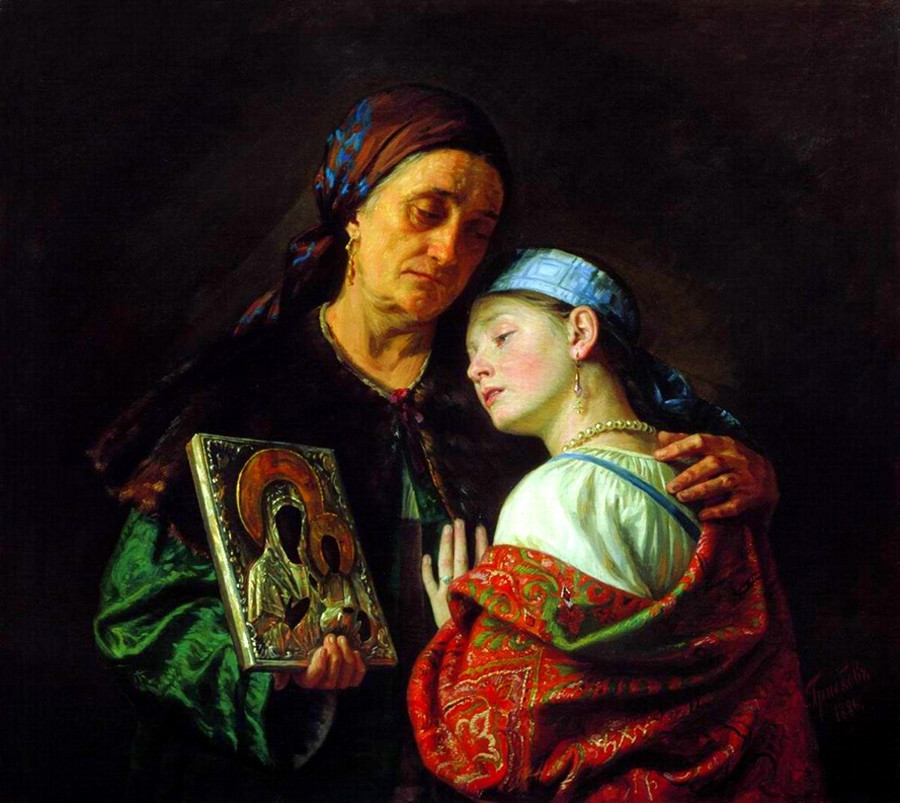 “La benedizione per il matrimonio” (1886), dipinto di Sergej Gribkov (1822-1893)
