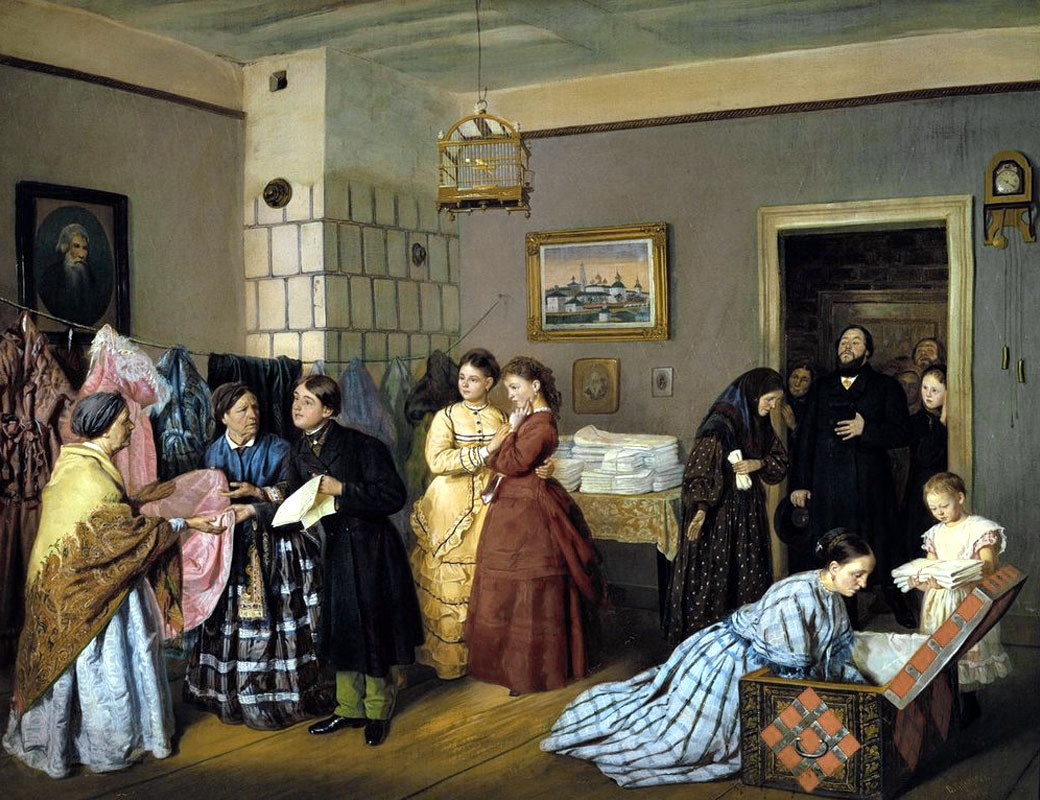 “Ricezione della dote in una famiglia di mercanti” (1873), dipinto di Vasilij Pukirev (1832-1890)
