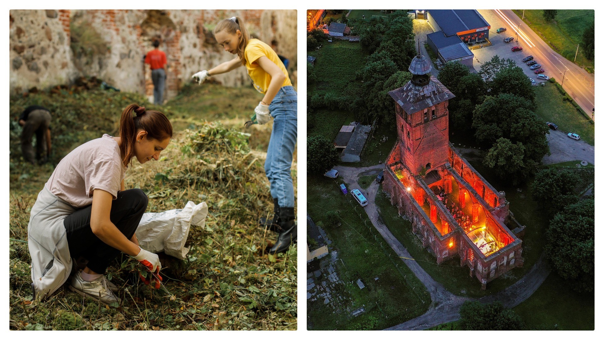 À esq., voluntários limpam castelo, à dir., show nas ruínas.