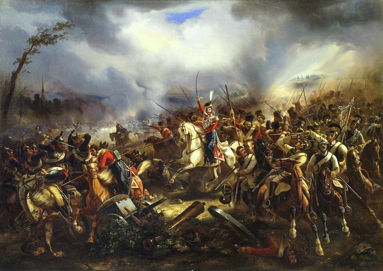 “Attacco della Guardia del corpo cosacca nei pressi di Lipsia il 17 ottobre 1813”, dipinto di Karl Reichlin (1802–1875) del 1845
