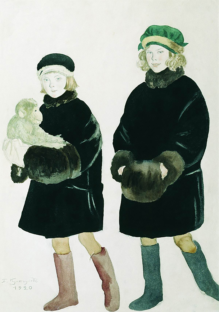 『シャリャピン姉妹マルタとマリーナの肖像画』、ボリス・クストーディエフ、1920年