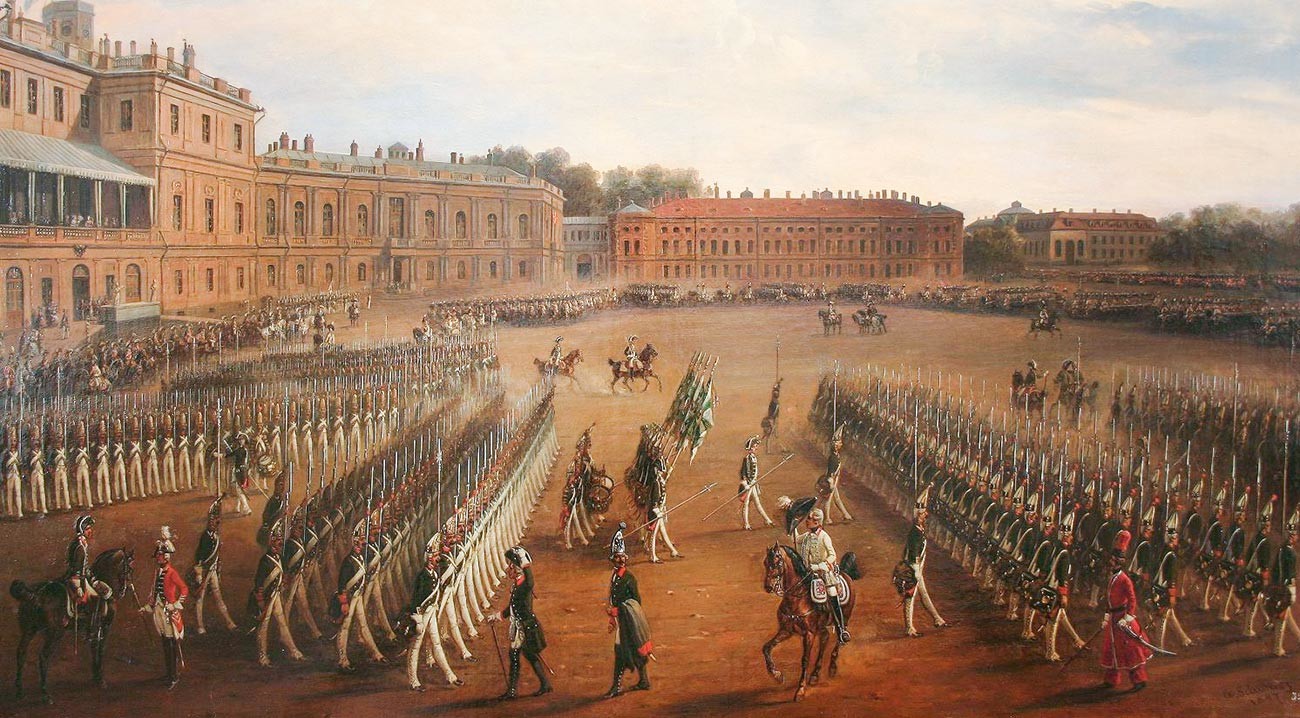 'Parade pada masa pemerintahan Pavel I dari Rusia' karya Gustav Schwartz.