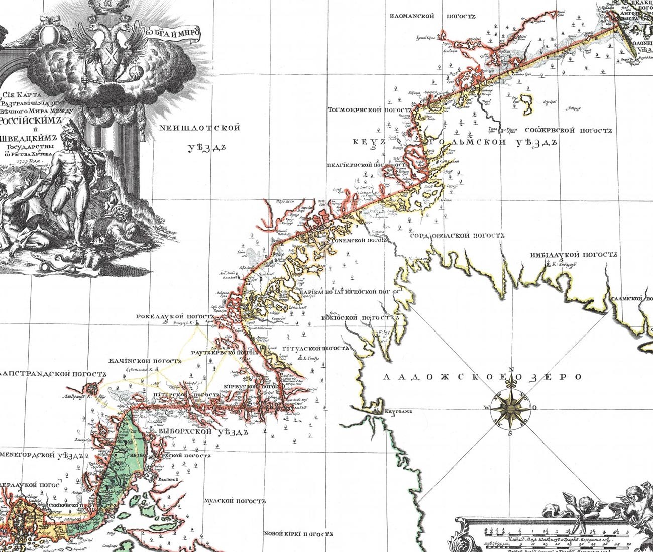 Carte de délimitation des terres entre les États russe et suédois selon le Traité de Nystad, 1722