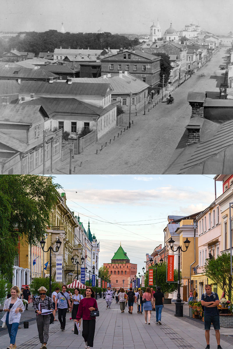 Bolshaya Pokrovskaya street in 1880s and 2021.