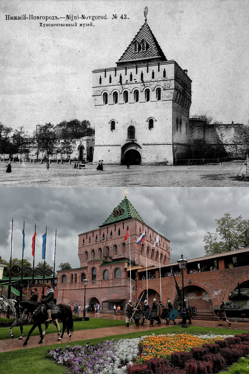Dmitrievskaya Tower in 1913 and in 2021.