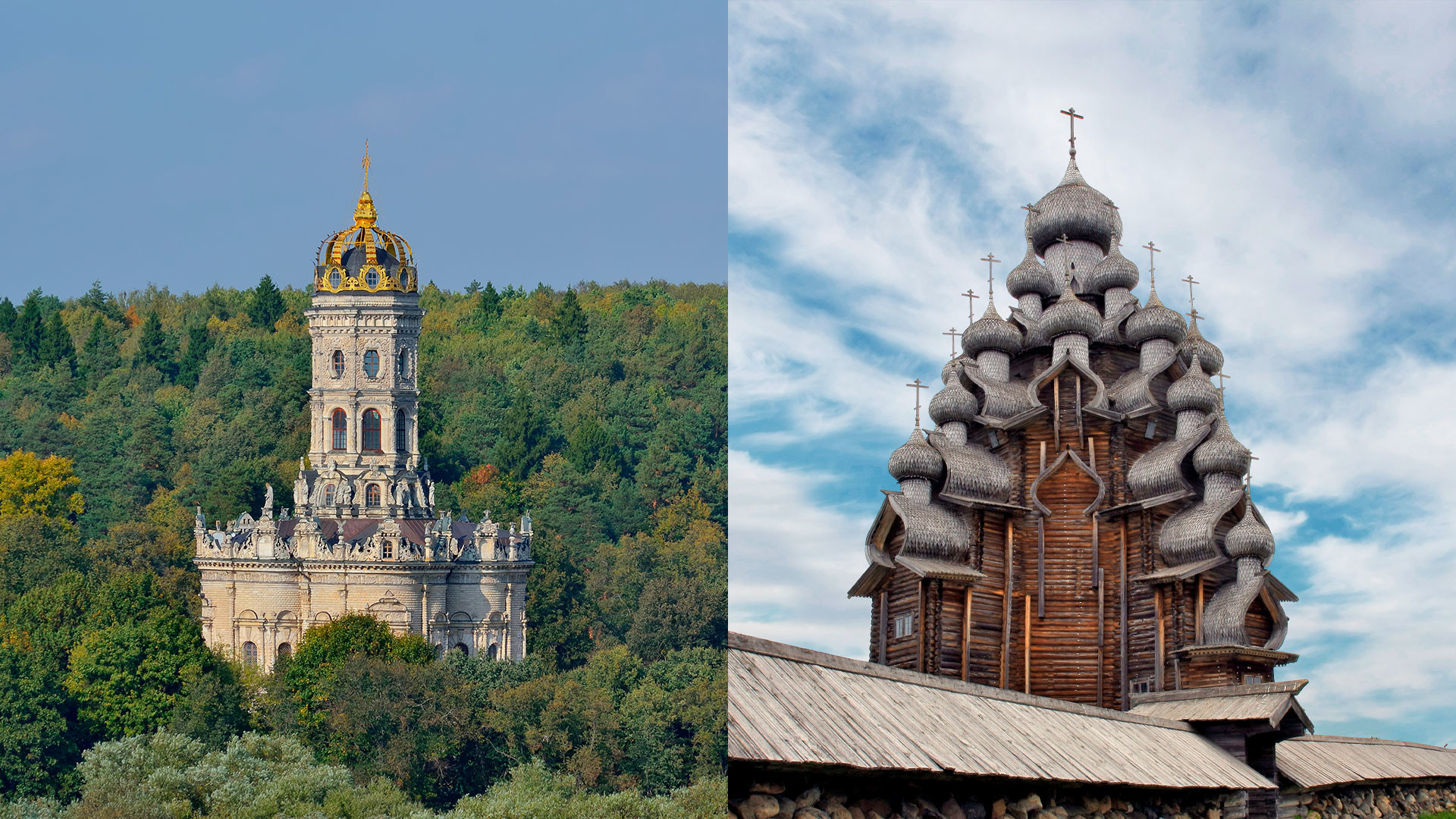 Gereja Znamenskaya di Moskovskaya Oblast (kiri); Gereja Transfigurasi di Pulau Kizhi 