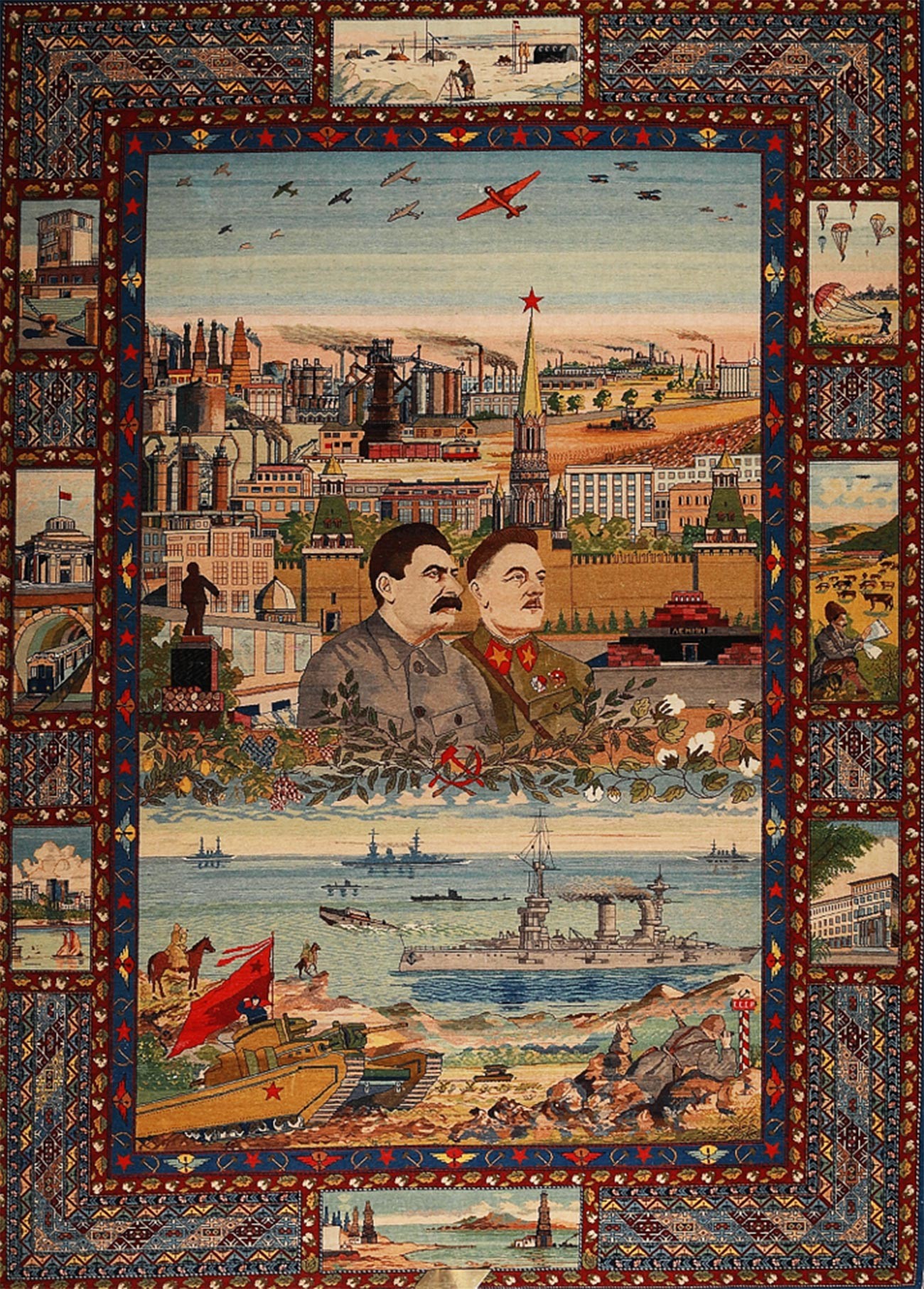 ヨシフ・スターリンとクリメント・ヴォロシロフの肖像画が入ったアゼルバイジャンの絨毯「石油工業従事者」、1938年