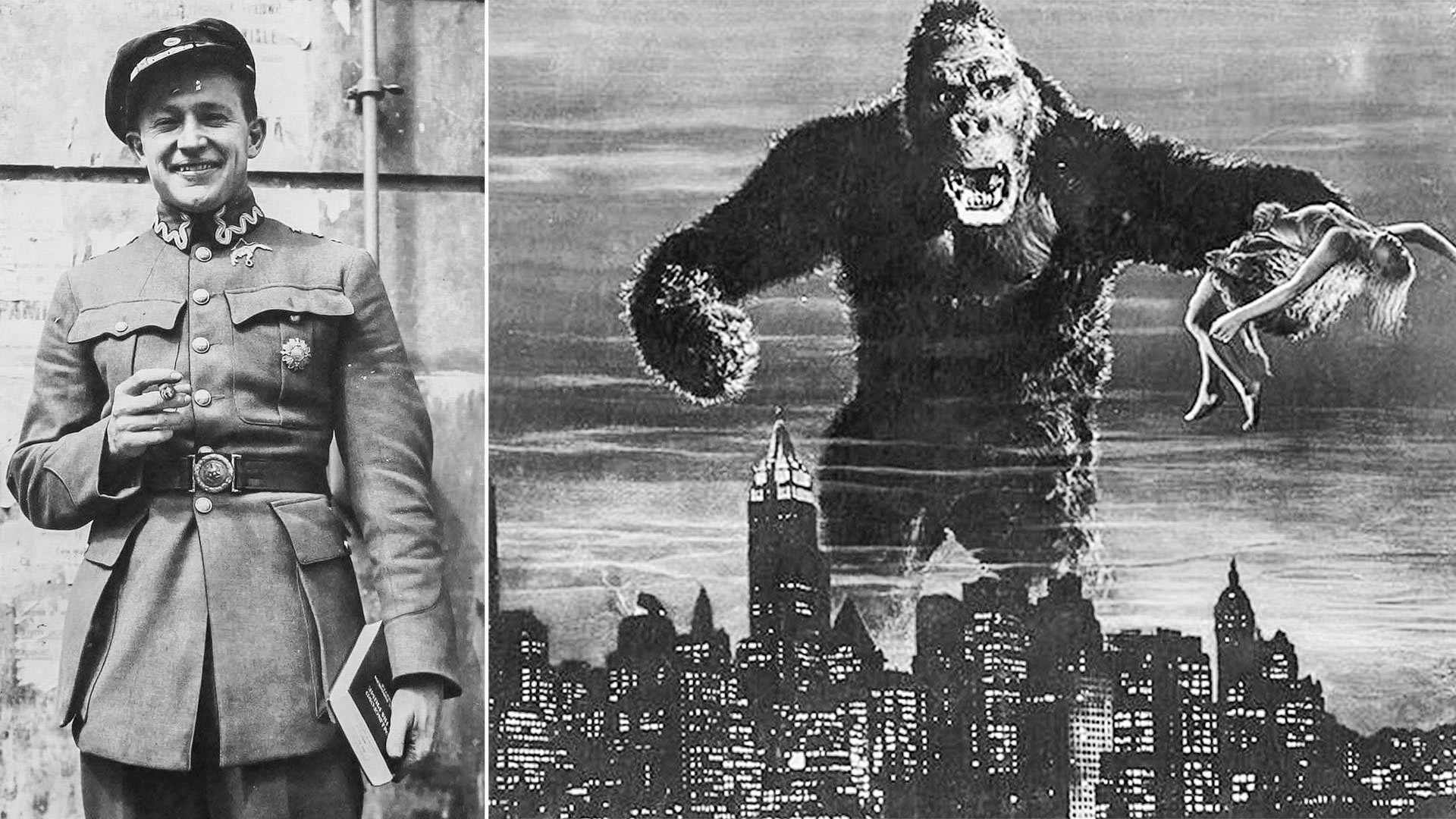 Levo: Merian C. Cooper v času služenja v 7. eskadrilji; desno: Prizor iz filma King Kong