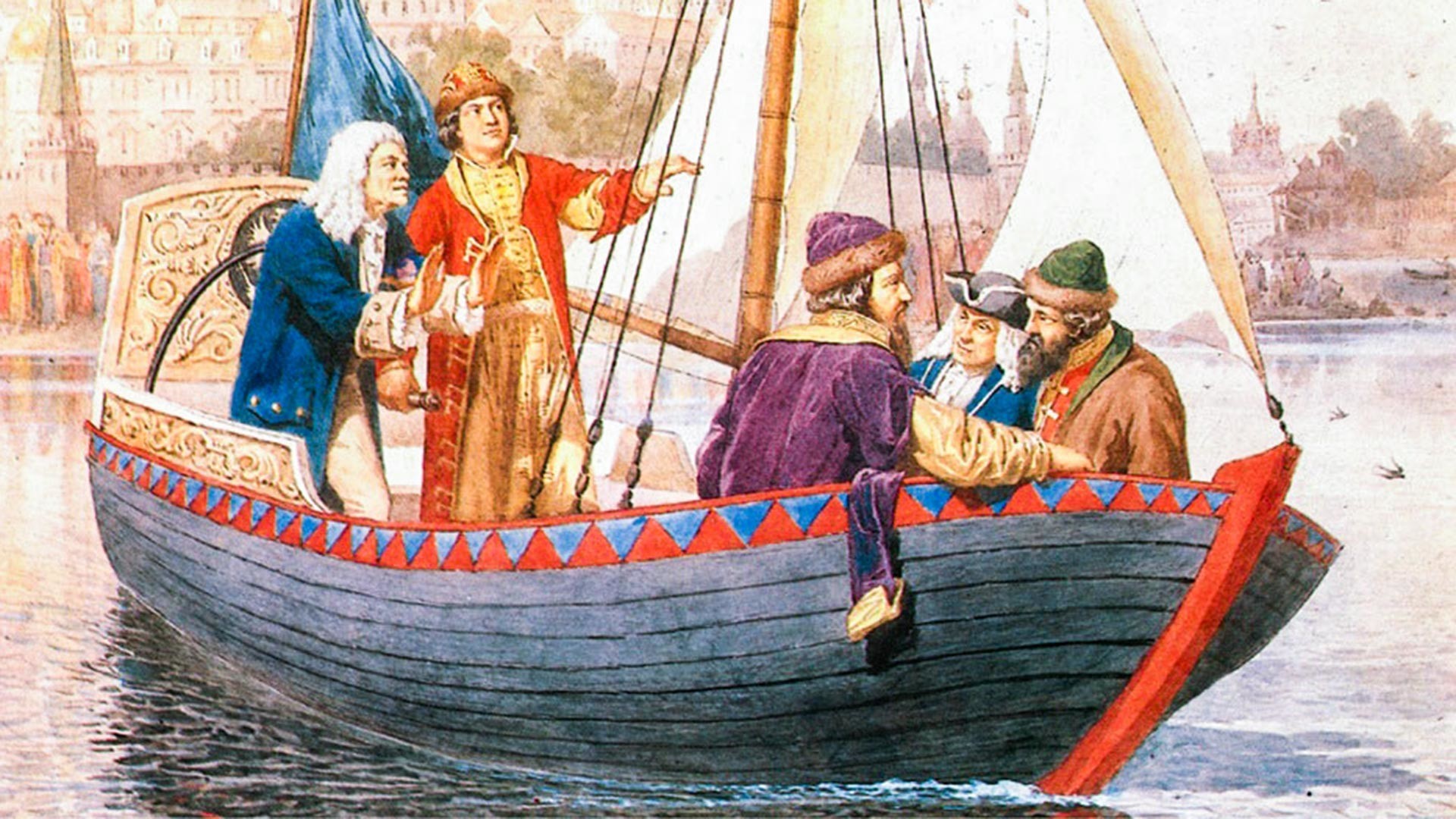 Lukisan karya Aleksey Kivshenko berjudul 'Pyotr yang Agung di perahu layar pertamanya'.