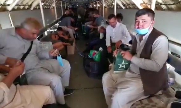 Passengers in the cabin of the IL-76MD cargo aircraft during the evacuation of Russian citizens from Afghanistan.