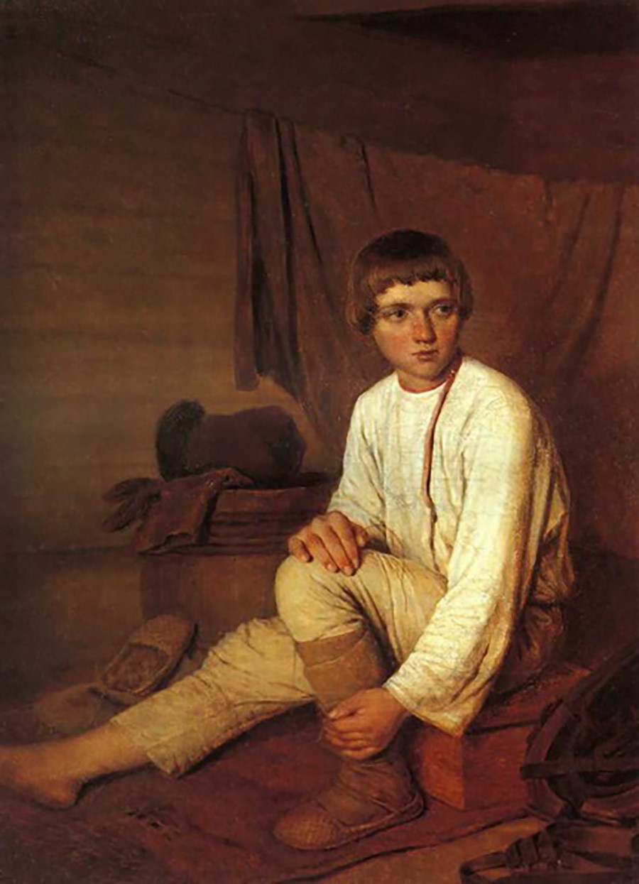 ラプチ（草履）を履く農家の少年、1820年代