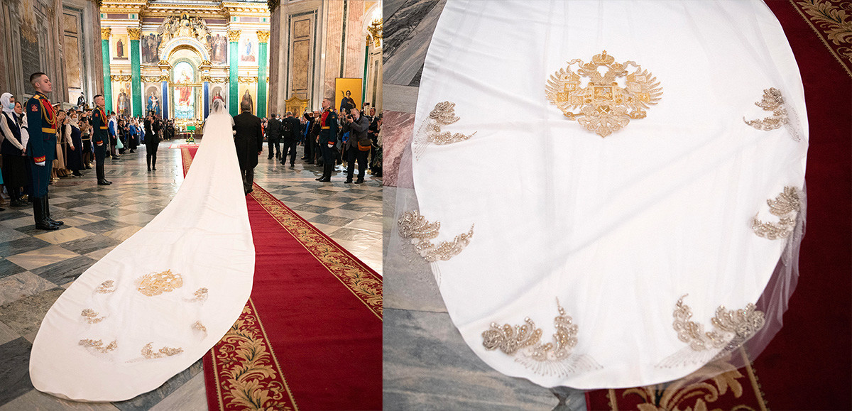 Véu da noiva com o emblema do Império Russo arrastado pelo chão
