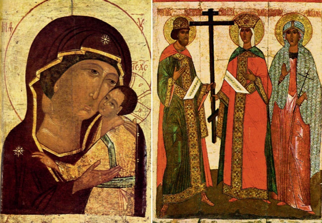 Iconos La Virgen con el Niño (izquierda) y El santo emperador Constantino y su madre Elena, el Icono de Santa Ágata también está allí.