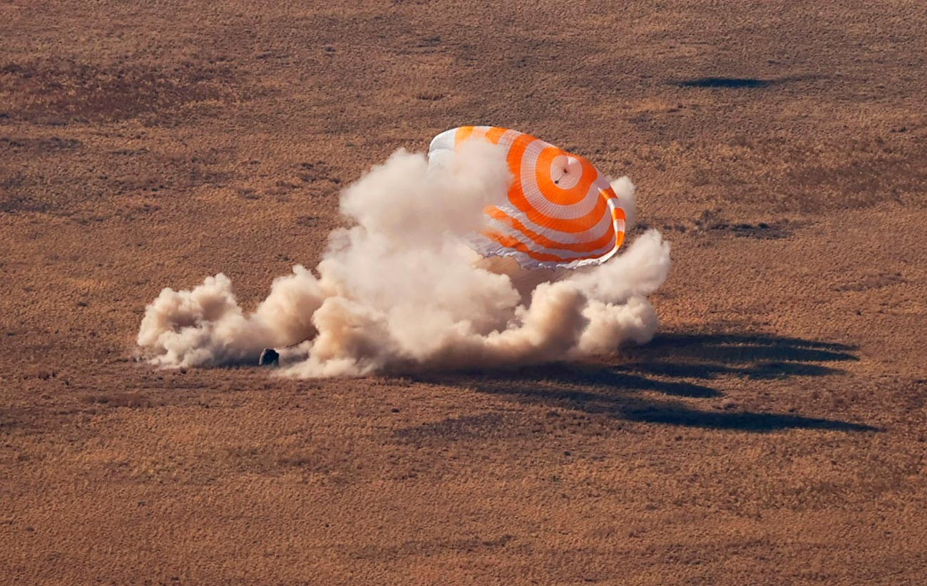 The descent vehicle of the Soyuz MS-18 transport manned spacecraft during landing in the steppe south-east of the city of Zhezkazgan