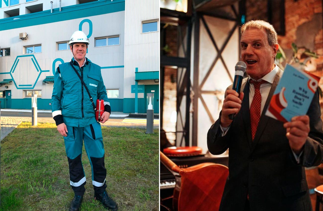 Left: At the Sibur petrochemical plant in Tobolsk, Siberia. Right: With his book called 
