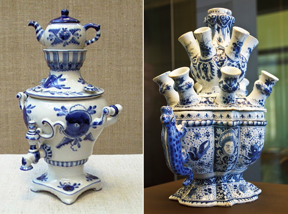 Kotak perhiasan Gzhel samovar (kiri), vas bunga tulip, gaya porselen Delft (kanan).