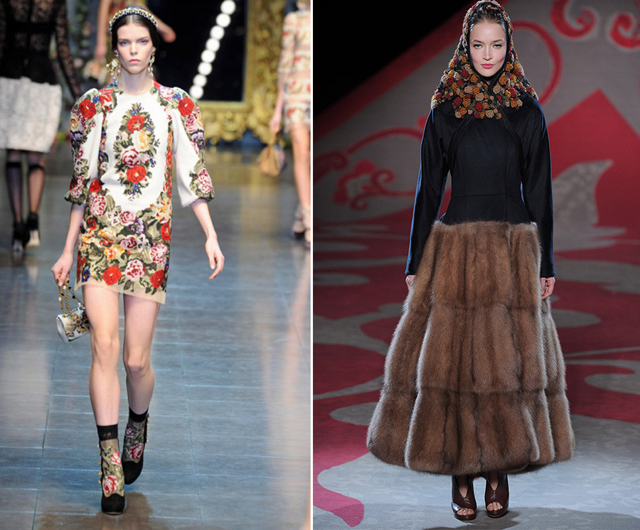 Pergaan busana Dolce & Gabbana pada Pekan Mode Musim Gugur 2012 di Milan (kiri), dan Ulyana Sergeenko dalam peragaan busana bertajuk Runway Couture Autumn Winter 2012 (kanan).