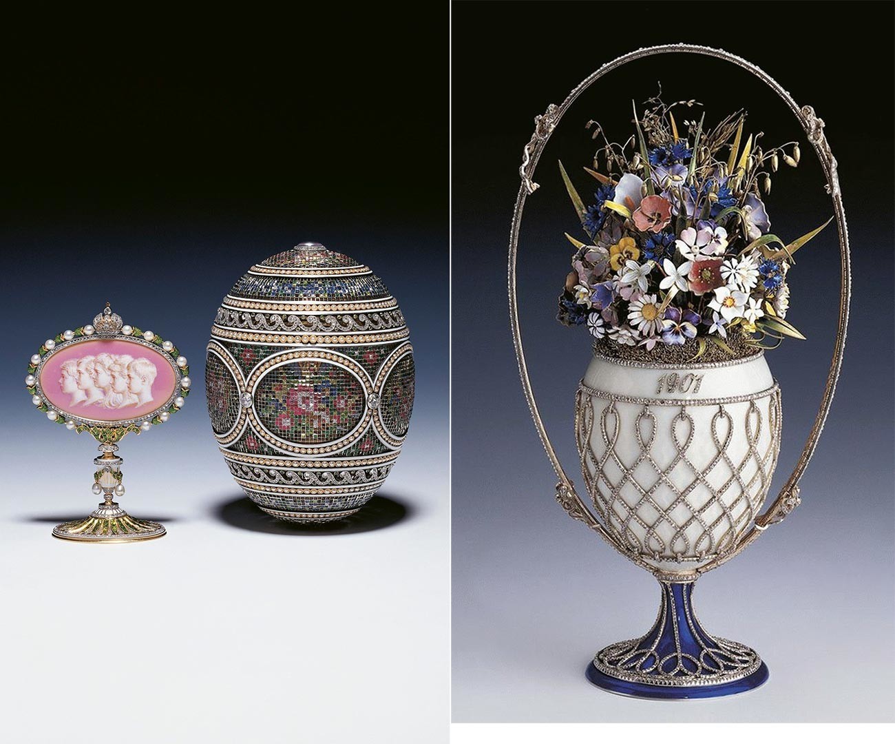Ovos Fabergé: “Mosaico” (esq.) e a “Cesta de Flores Silvestres”.
