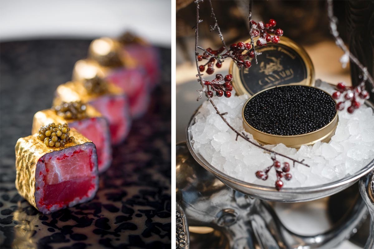 “Goldfish” rolls; Tiramisu dalam bentuk kaleng kaviar hitam.