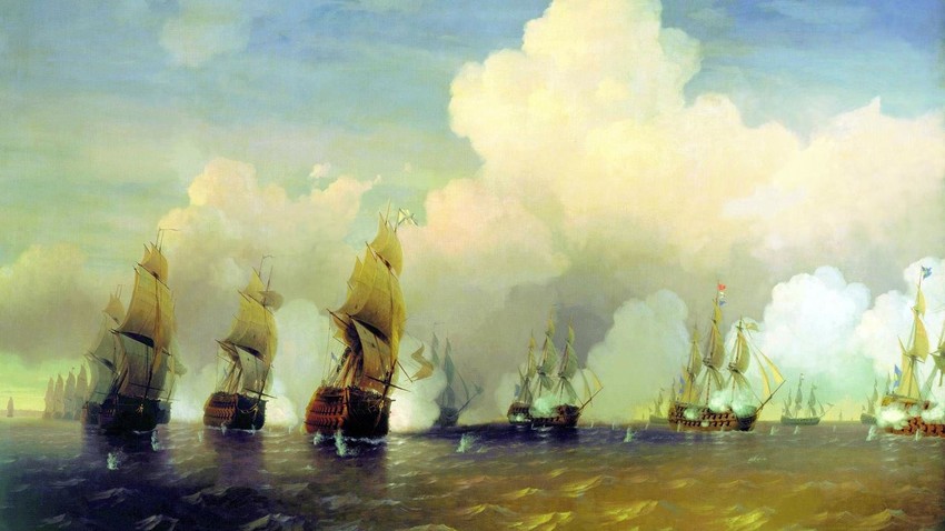 Navios navegando na baía. Aleksei Bogoliubov, década de 1860.