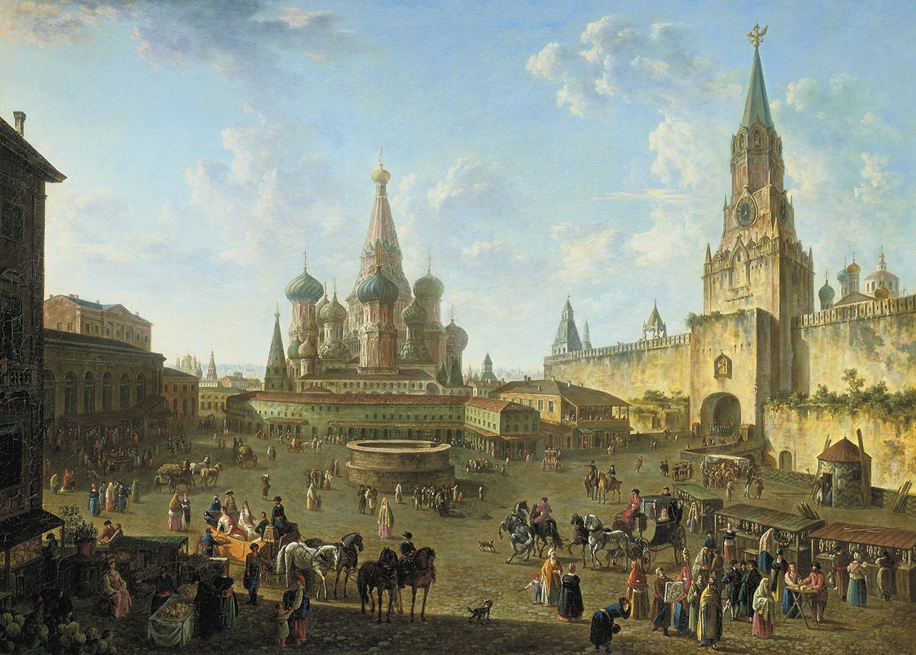 The Red Square in Moscow, 19th century, by Fedor Alekseev. To the right, the moat can still be seen – that's where lions and elephants were probably kept in the 16th century.