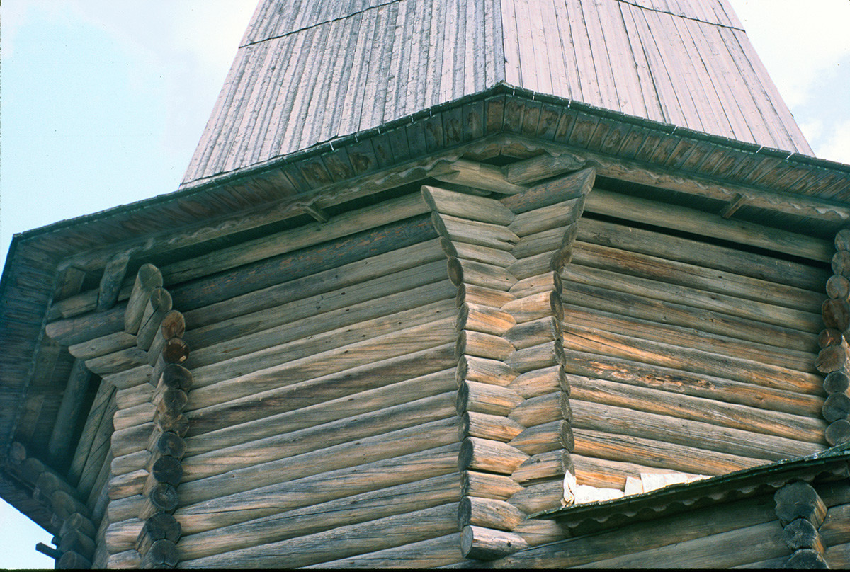 Church of St. Demetrius, northwest view. Upper structure with flared logs. June 25, 2000