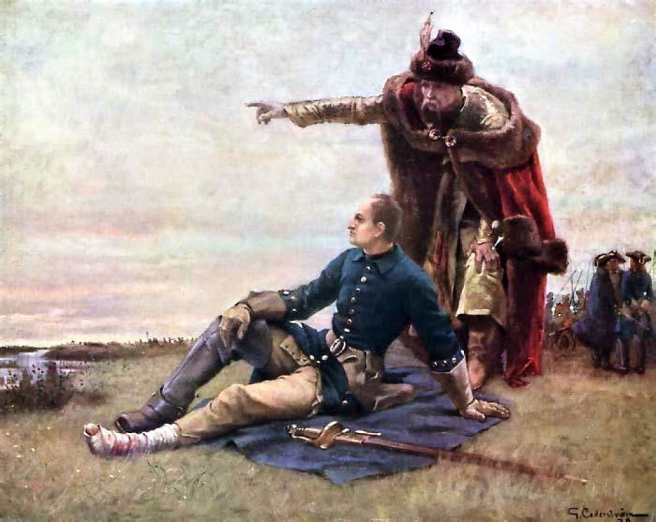 Carlos XII de Suecia e Iván Mazepa tras la batalla de Poltava.