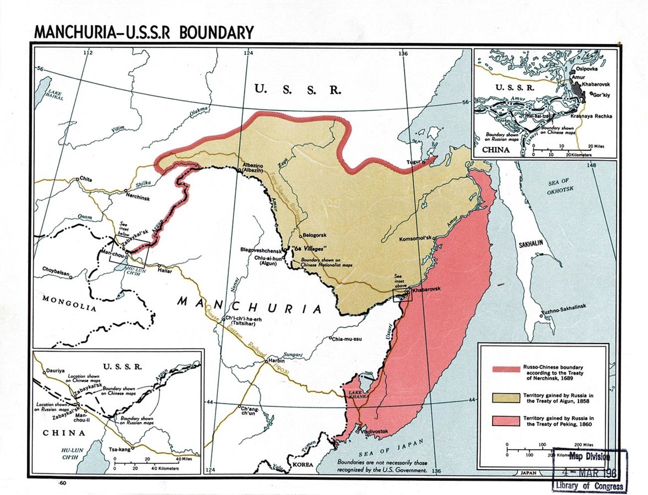 Les territoires cédés à la Russie par les traités d'Aigun (en jaune) et de Pékin (en rouge)