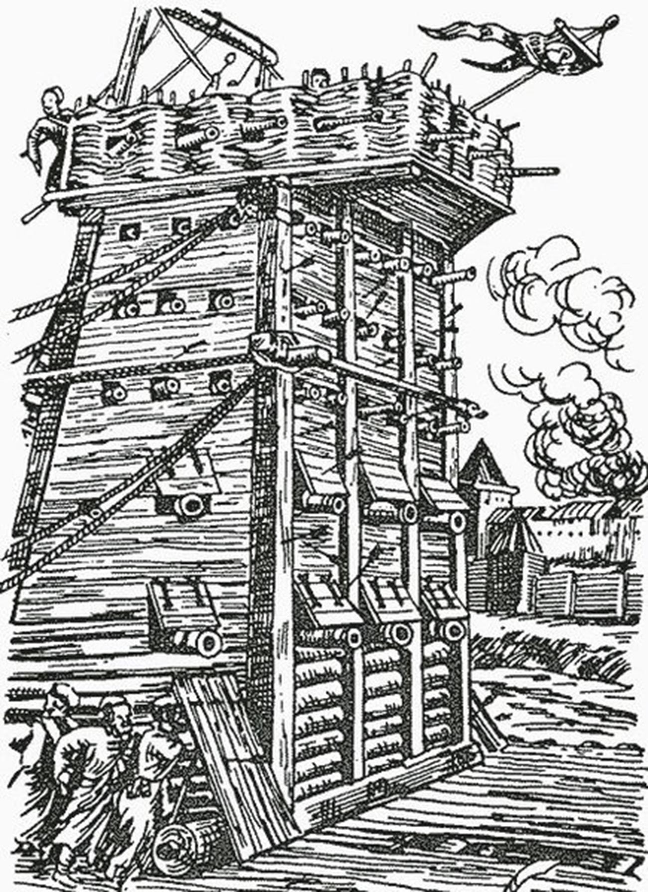La torre de asedio con cañones que se utilizó para tomar Kazán