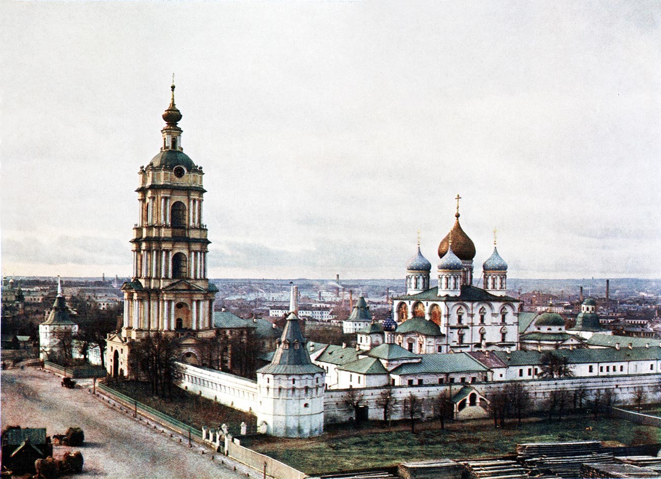 Novospassky Monastery, northeast view. From left: Southeast tower, bell tower, northeast tower, Church of St.Nicholas&east cloisters, Transfiguration Cathedral, Znamenye Church,1912. Color print published in P.G.Vasenko, Romanov Boyars and the Enthronement of Mikhail Fedorovich (St.Petersburg, 1913)